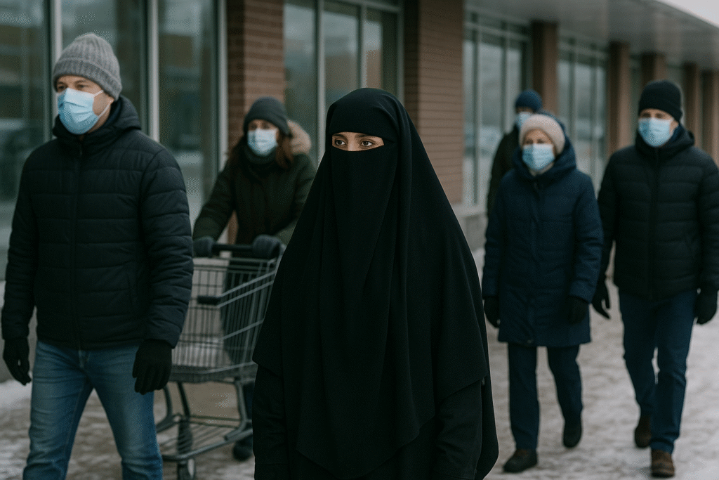 A woman in niqāb stands among masked winter-clad people outside a grocery store in Canada during the pandemic.