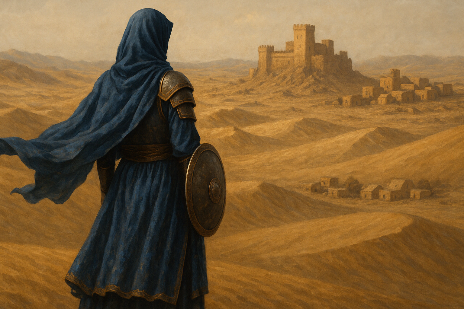 “Muslim woman warrior standing in the desert, facing distant city, wearing royal blue and gold, holding shield — symbolic of sakina and sacred stillness.”
