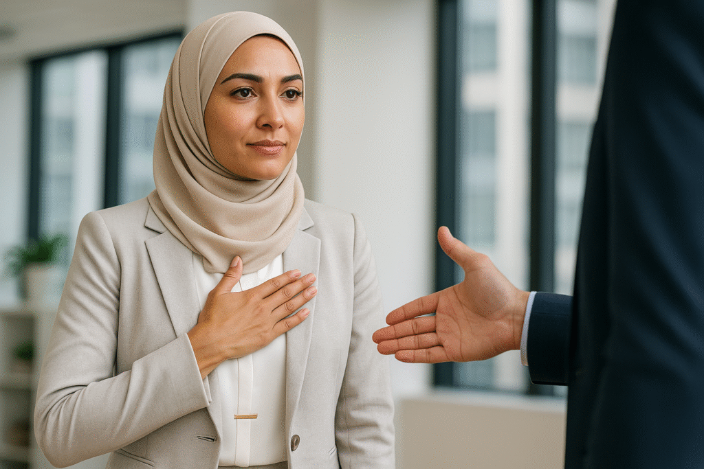 Muslim woman in professional attire respectfully declines a handshake by placing her hand over her heart in a business office setting.