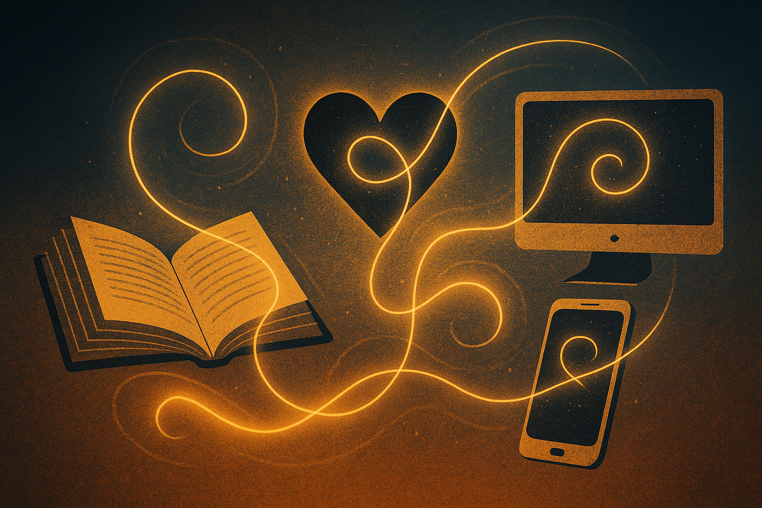 An abstract golden thread connects an open book, a heart, and digital devices, symbolizing divine knowledge across realms.