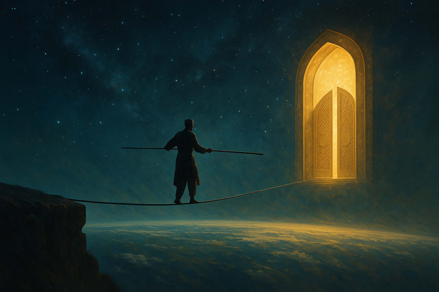 A lone figure walking on a celestial tightrope toward the gates of Paradise, symbolizing Sirat al-Mustaqim and the balance of planning as a Muslim.