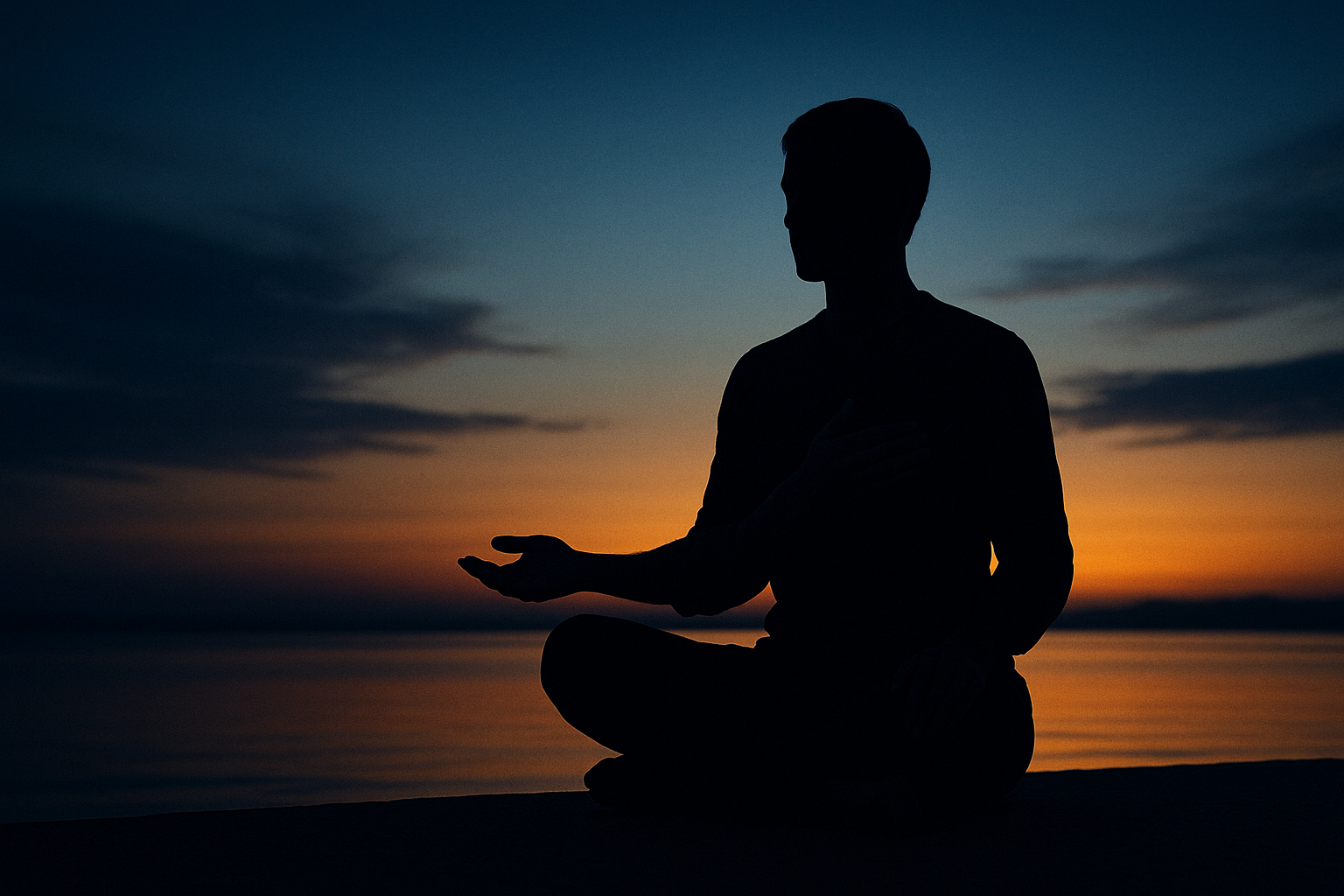 Silhouette of a man meditating at twilight, one hand open in giving and the other over his chest symbolizing self-mastery.